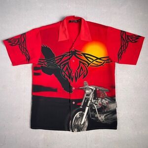 Dragonfly Motorcycle Button Up Shirt Graphic Print Short Sleeve Red‎ L